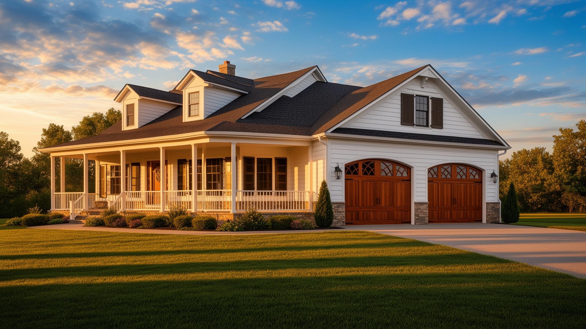Beautiful home with elegant mahogany wood garage doors featuring arched windows in golden hour lighting